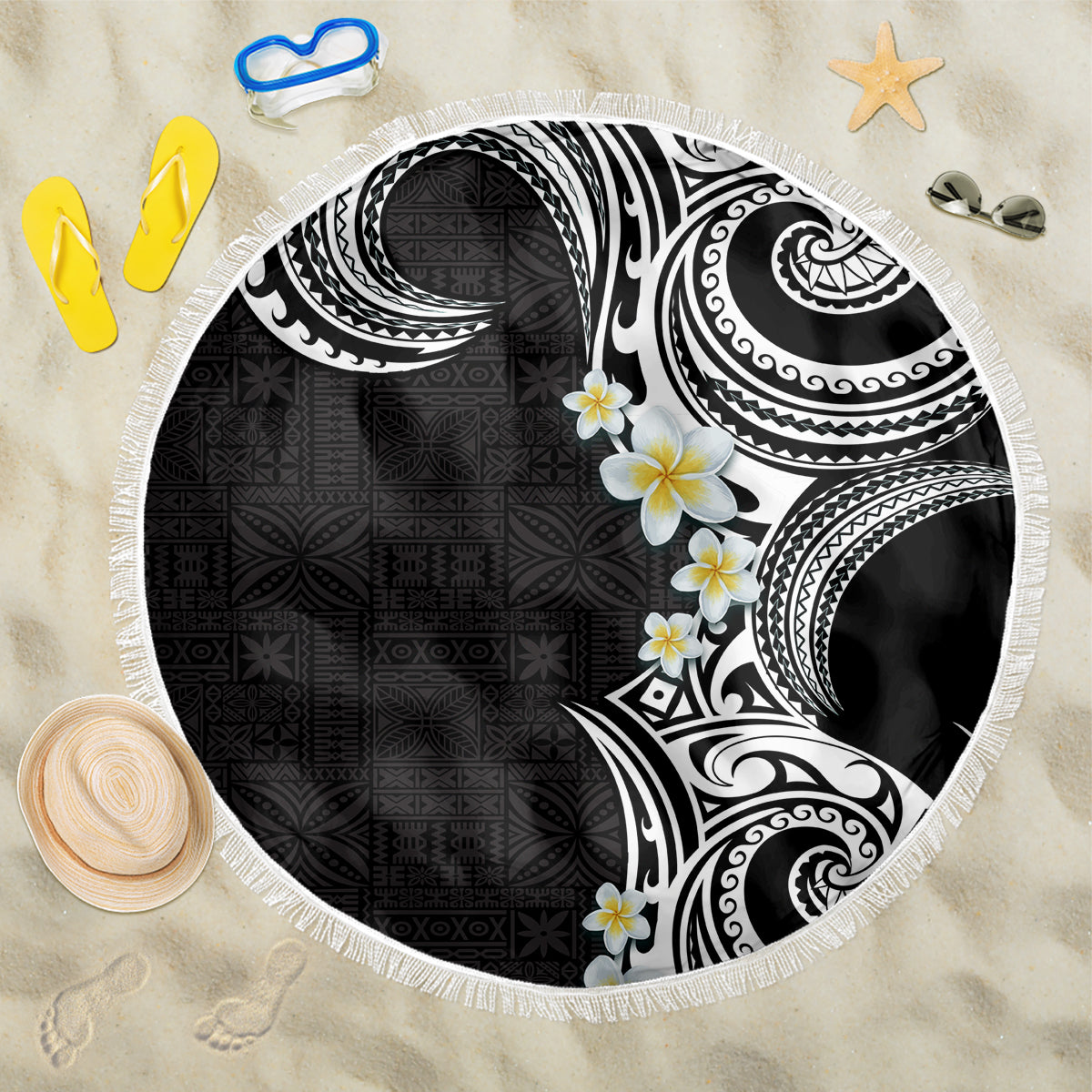 Aloha Polynesian Plumeria Flower Beach Blanket Black White Color LT03 One Size 150cm Black - Polynesian Pride