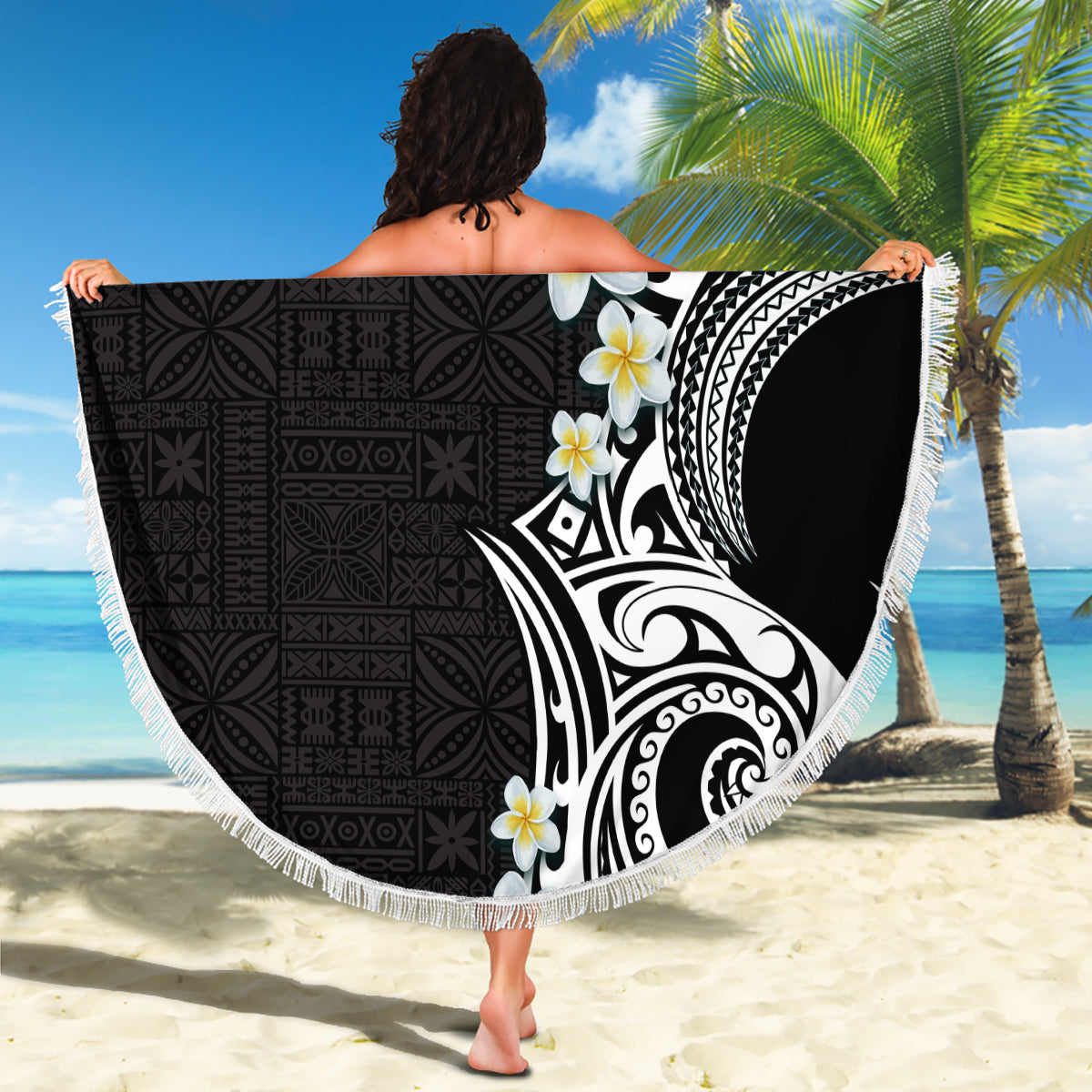 Aloha Polynesian Plumeria Flower Beach Blanket Black White Color LT03 - Polynesian Pride