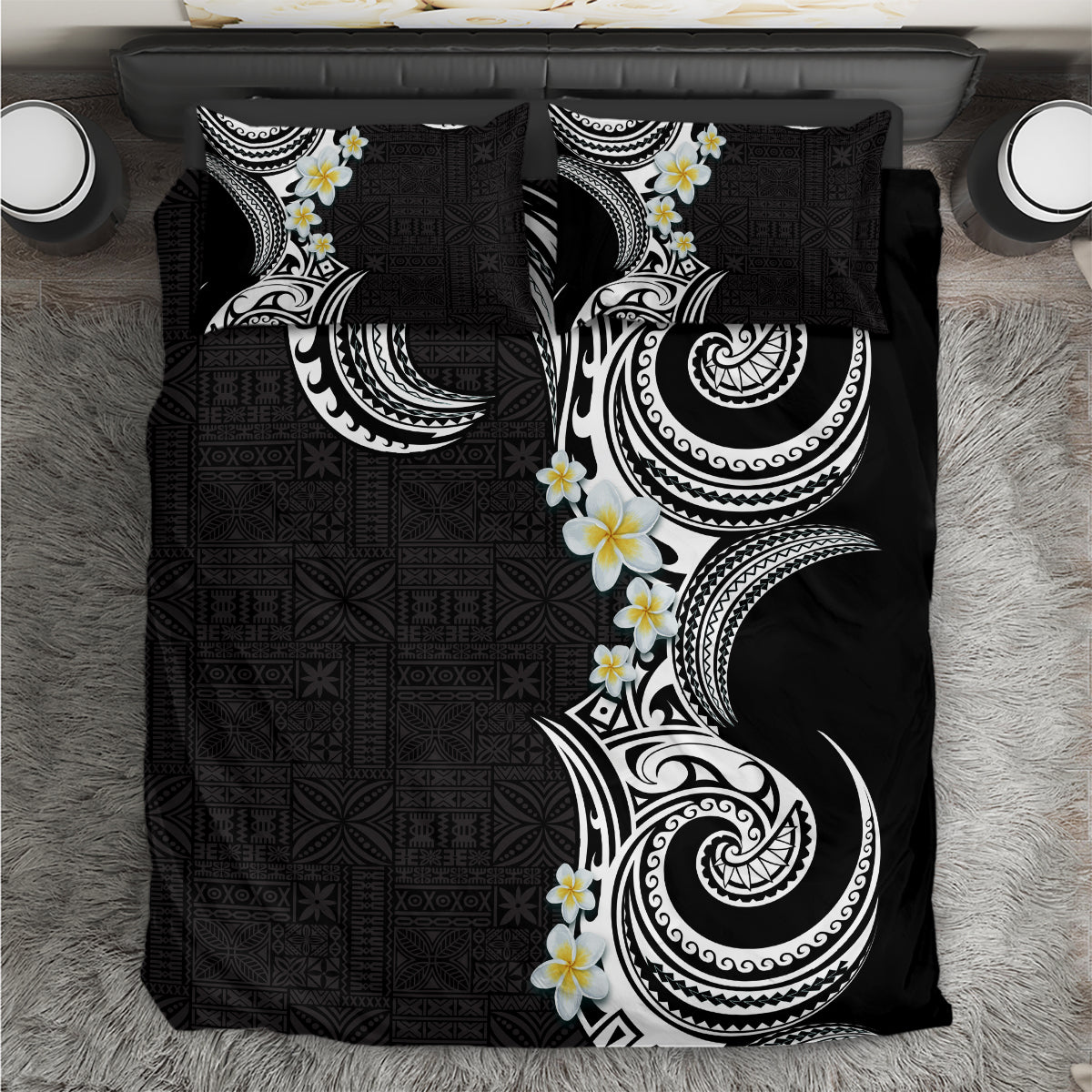 Aloha Polynesian Plumeria Flower Bedding Set Black White Color LT03 Black - Polynesian Pride