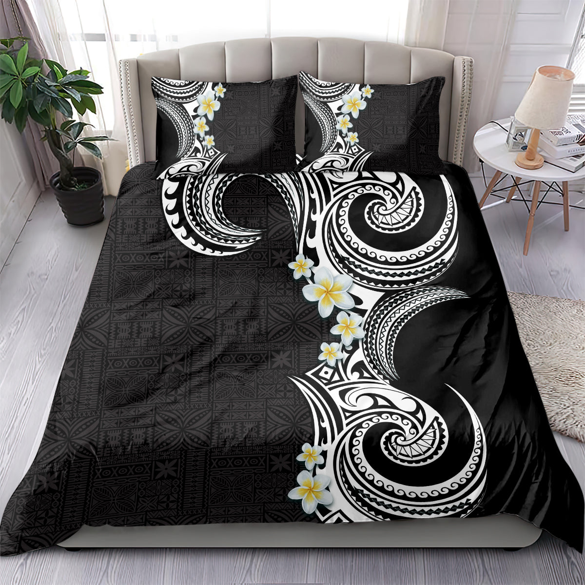 Aloha Polynesian Plumeria Flower Bedding Set Black White Color LT03 - Polynesian Pride