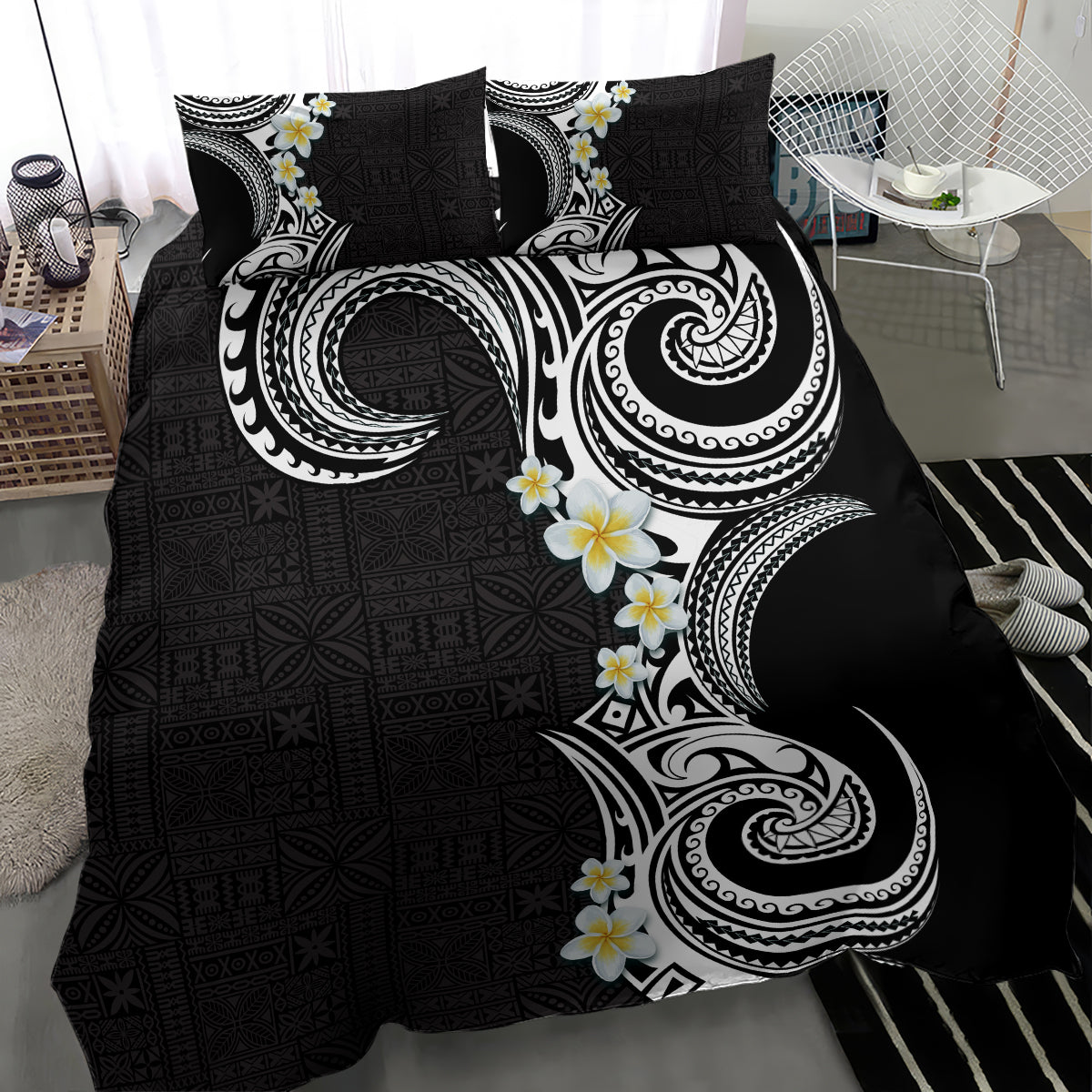 Aloha Polynesian Plumeria Flower Bedding Set Black White Color LT03 - Polynesian Pride