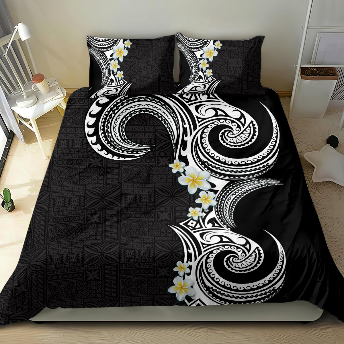 Aloha Polynesian Plumeria Flower Bedding Set Black White Color LT03 - Polynesian Pride