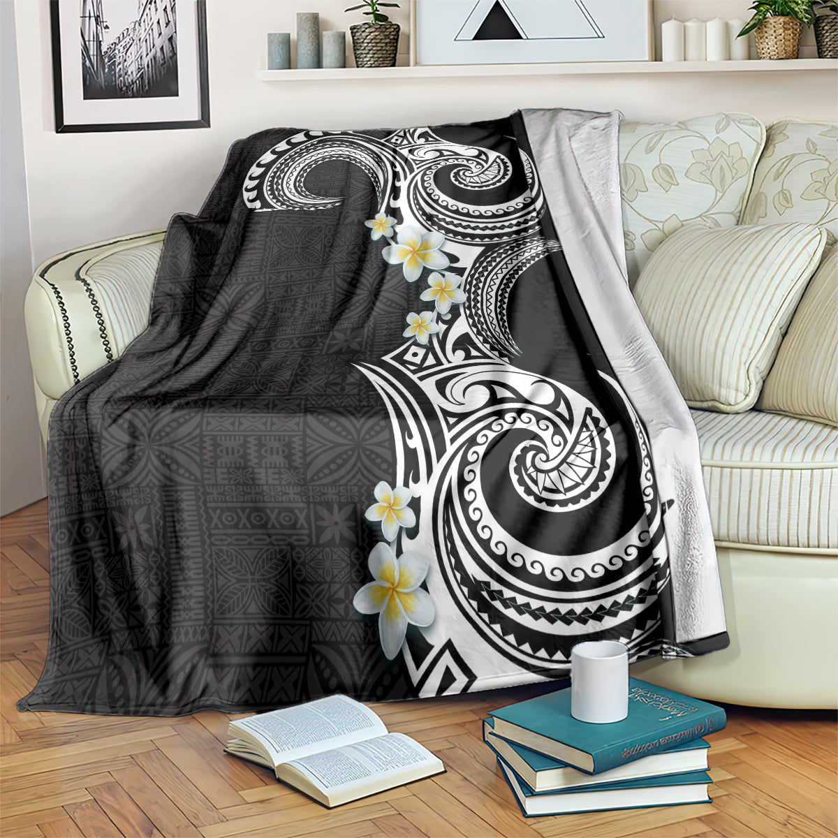Aloha Polynesian Plumeria Flower Blanket Black White Color LT03 Black - Polynesian Pride
