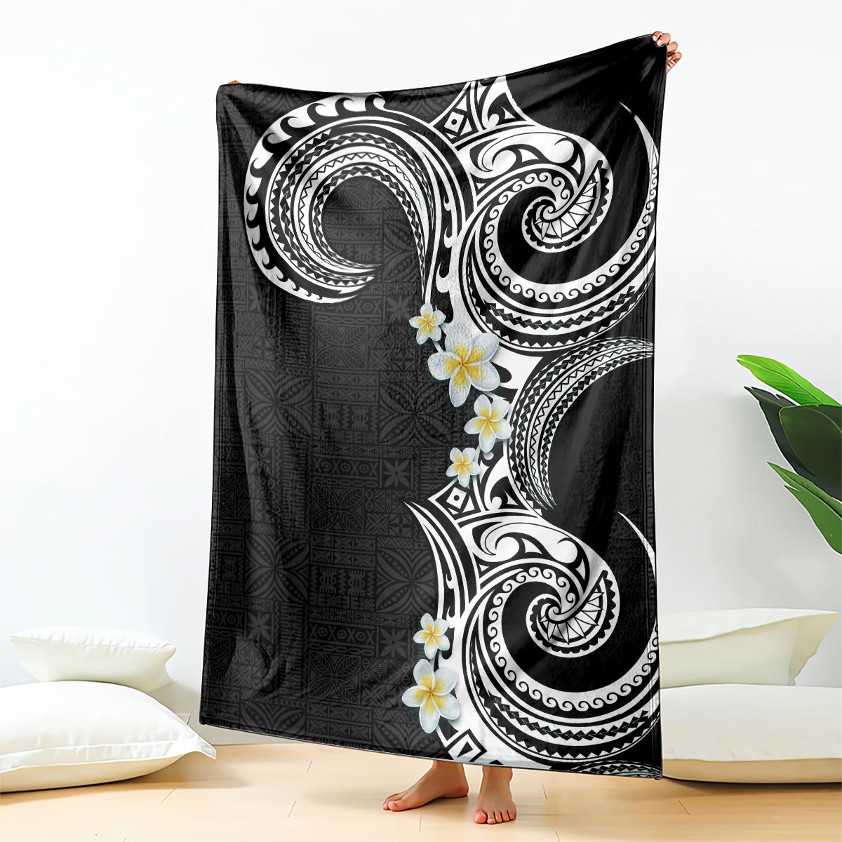 Aloha Polynesian Plumeria Flower Blanket Black White Color LT03 - Polynesian Pride