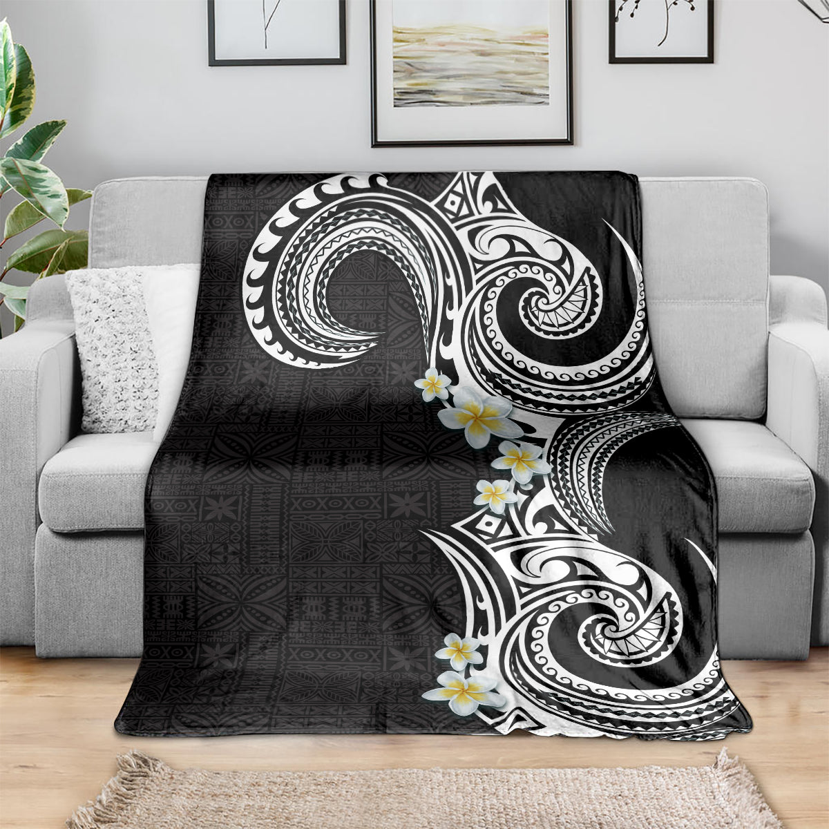 Aloha Polynesian Plumeria Flower Blanket Black White Color LT03 - Polynesian Pride