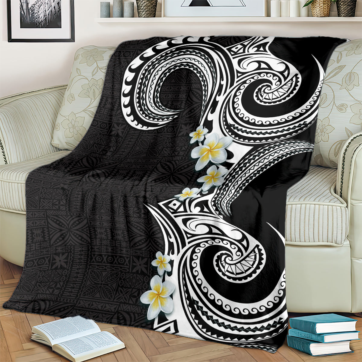Aloha Polynesian Plumeria Flower Blanket Black White Color LT03 - Polynesian Pride