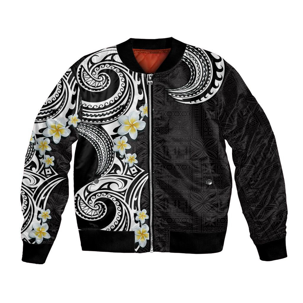 Aloha Polynesian Plumeria Flower Bomber Jacket Black White Color LT03 Unisex Black - Polynesian Pride