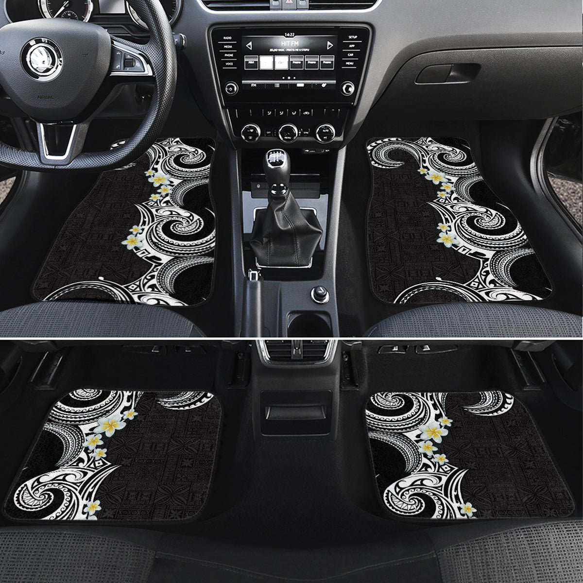 Aloha Polynesian Plumeria Flower Car Mats Black White Color LT03 Set 4pcs Black - Polynesian Pride