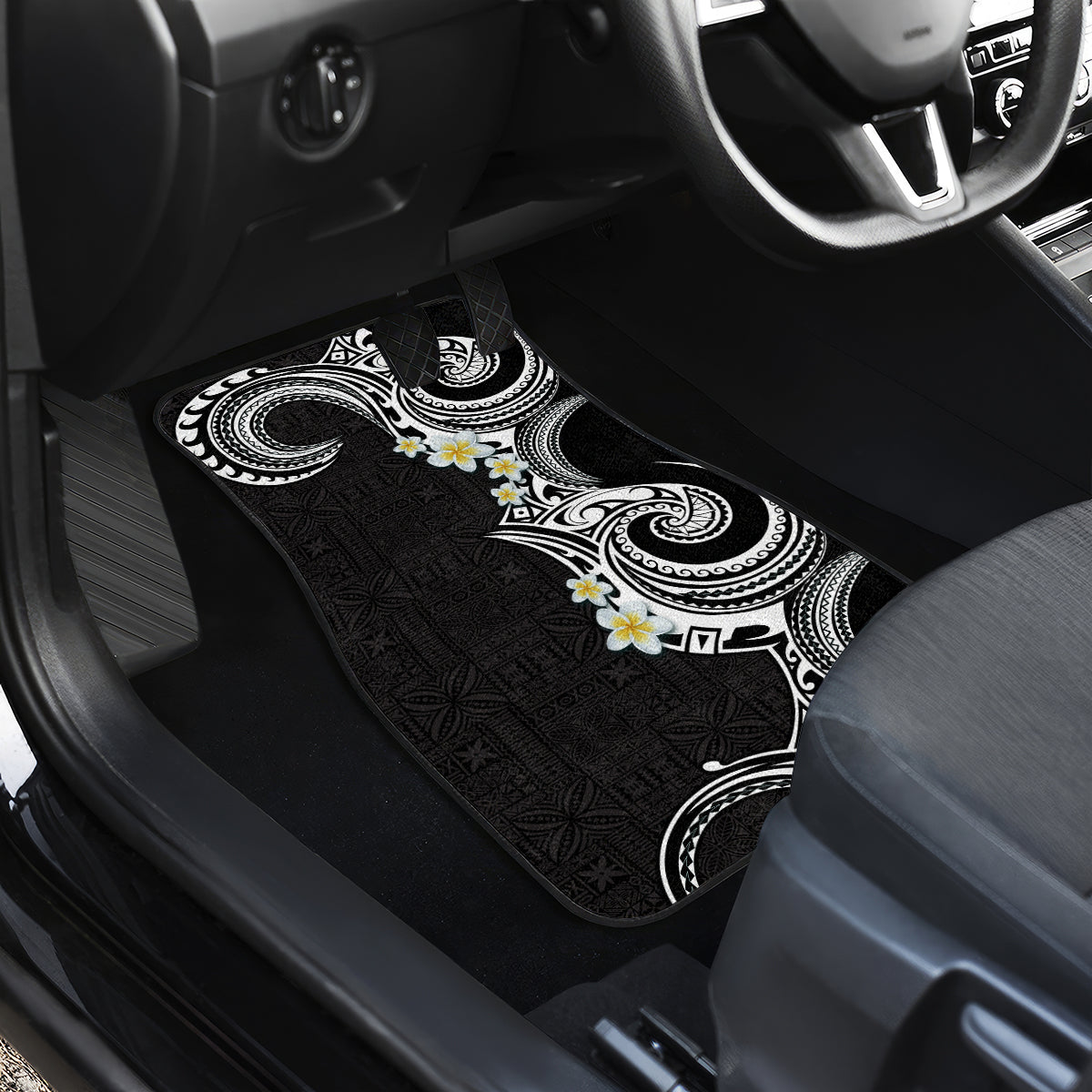 Aloha Polynesian Plumeria Flower Car Mats Black White Color LT03 - Polynesian Pride