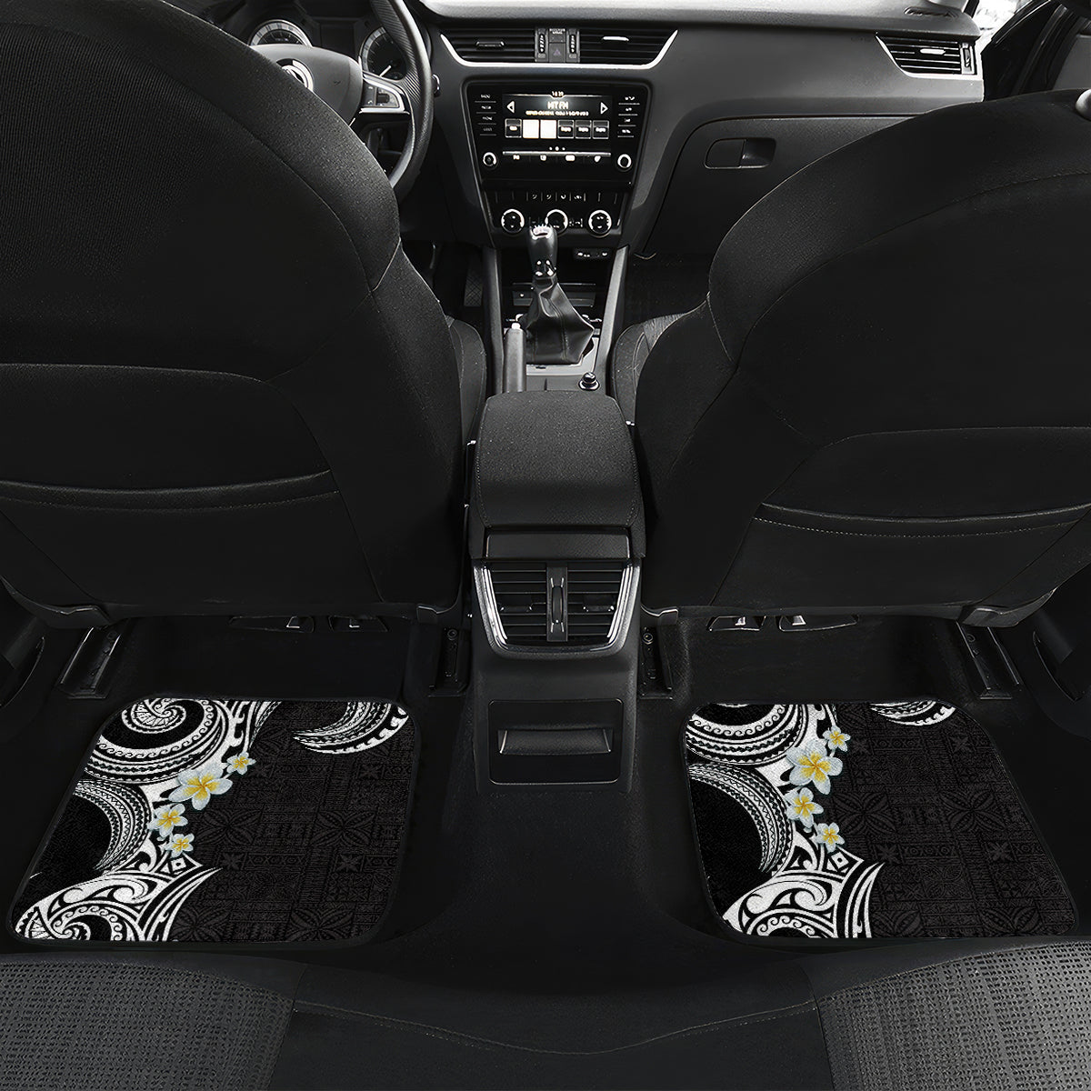 Aloha Polynesian Plumeria Flower Car Mats Black White Color LT03 Set 2pcs - Back Black - Polynesian Pride