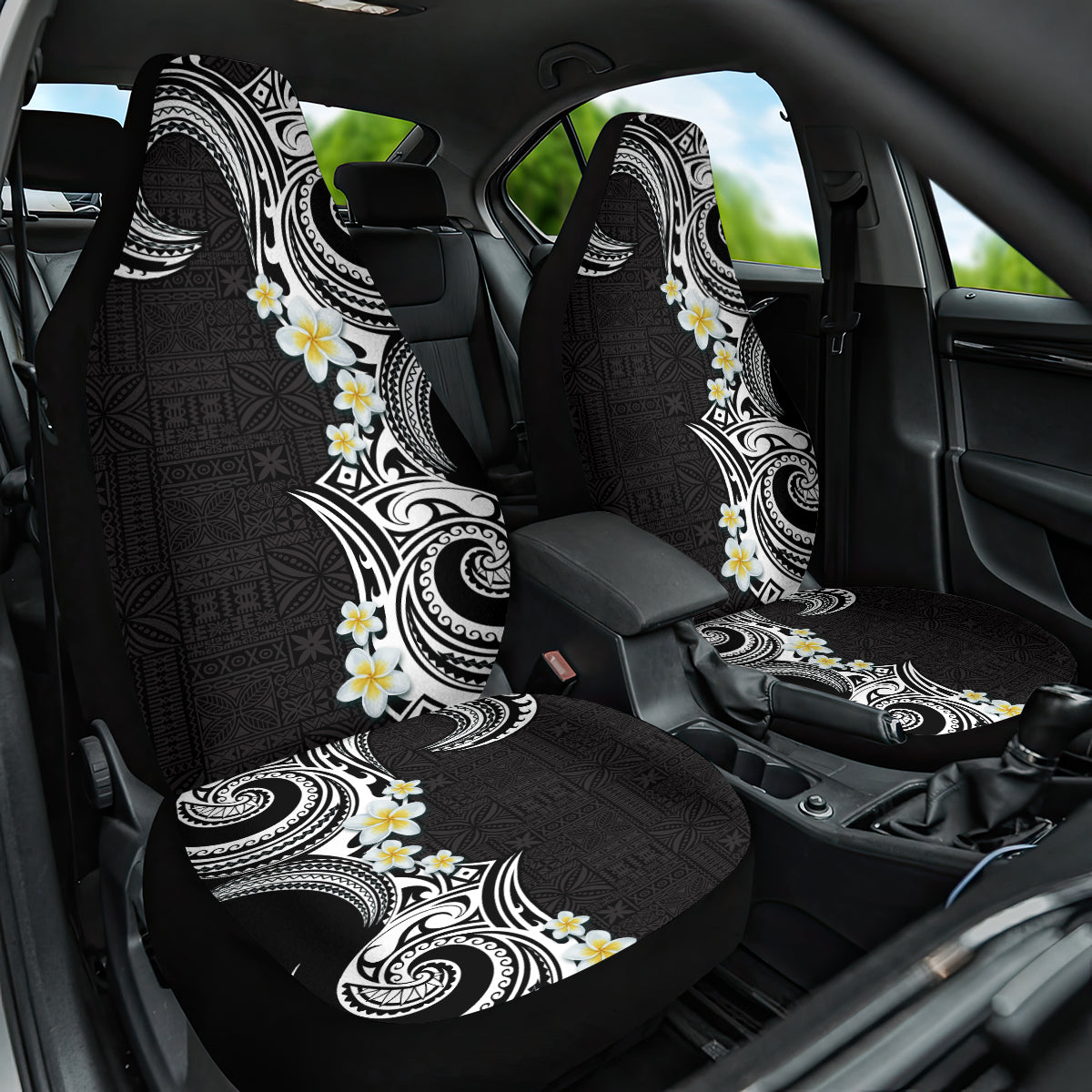 Aloha Polynesian Plumeria Flower Car Seat Cover Black White Color