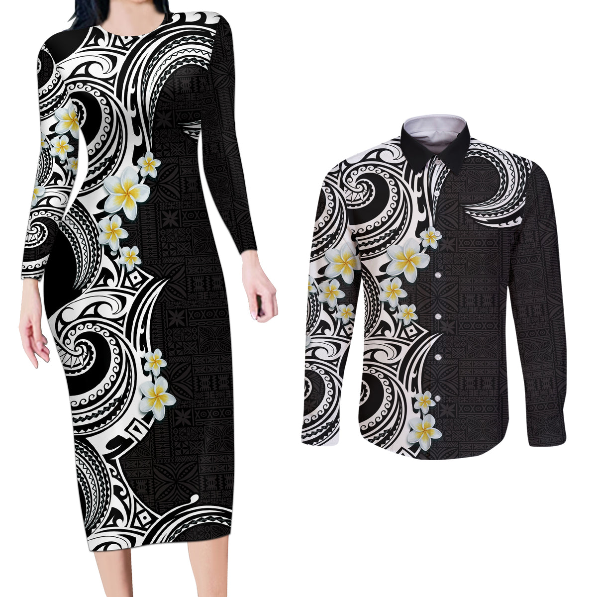 Aloha Polynesian Plumeria Flower Couples Matching Long Sleeve Bodycon Dress and Long Sleeve Button Shirt Black White Color LT03 Black - Polynesian Pride