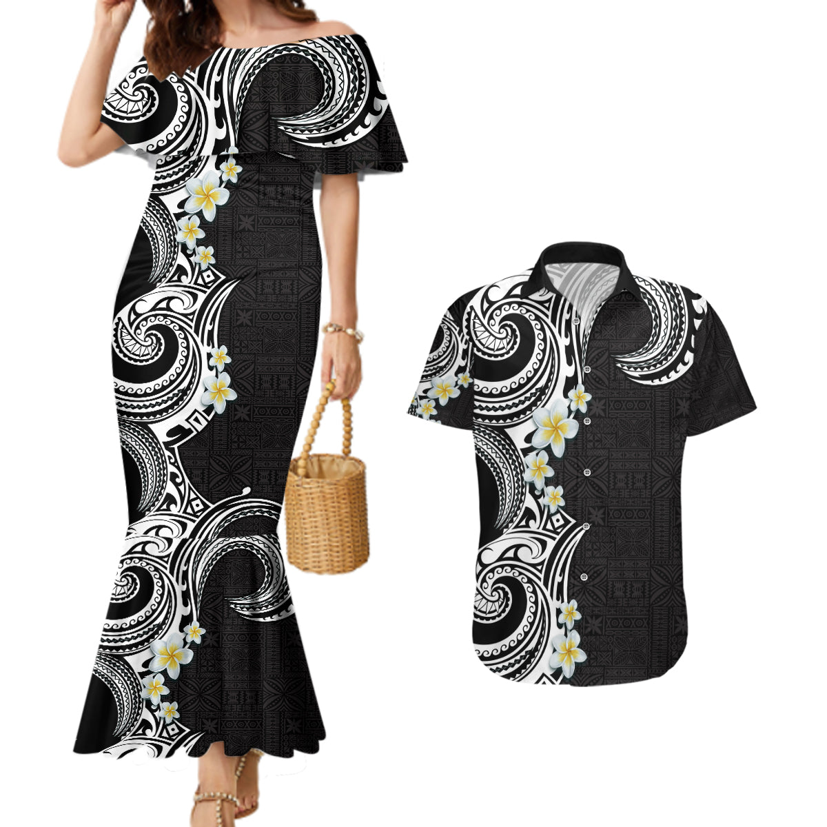 Aloha Polynesian Plumeria Flower Couples Matching Mermaid Dress and Hawaiian Shirt Black White Color