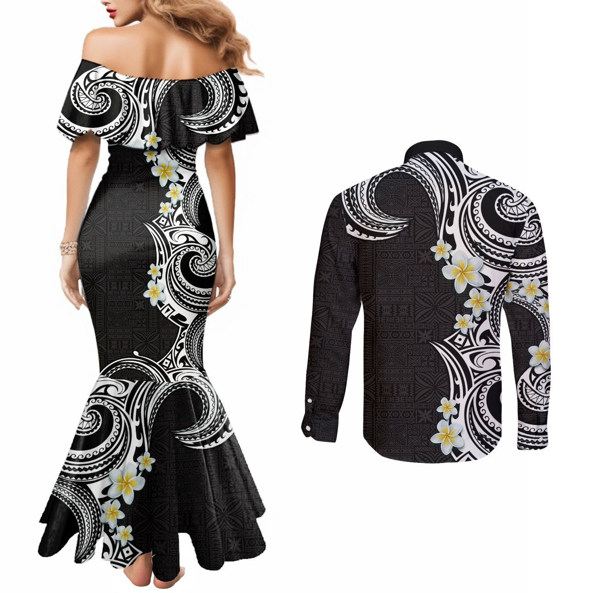 Aloha Polynesian Plumeria Flower Couples Matching Mermaid Dress and Long Sleeve Button Shirt Black White Color LT03 - Polynesian Pride