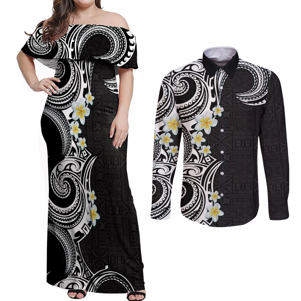 Aloha Polynesian Plumeria Flower Couples Matching Off Shoulder Maxi Dress and Long Sleeve Button Shirt Black White Color LT03 Black - Polynesian Pride
