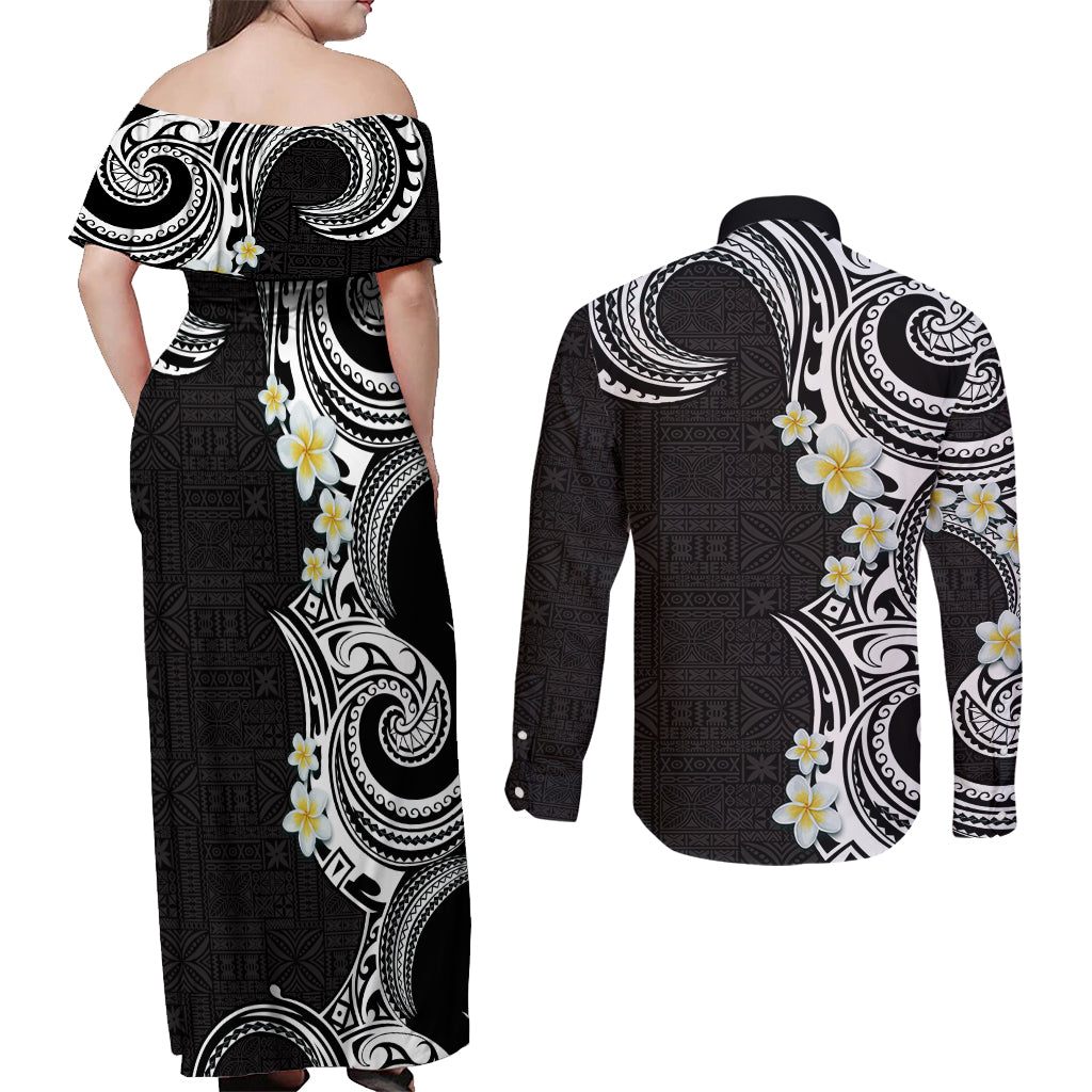 Aloha Polynesian Plumeria Flower Couples Matching Off Shoulder Maxi Dress and Long Sleeve Button Shirt Black White Color LT03 - Polynesian Pride