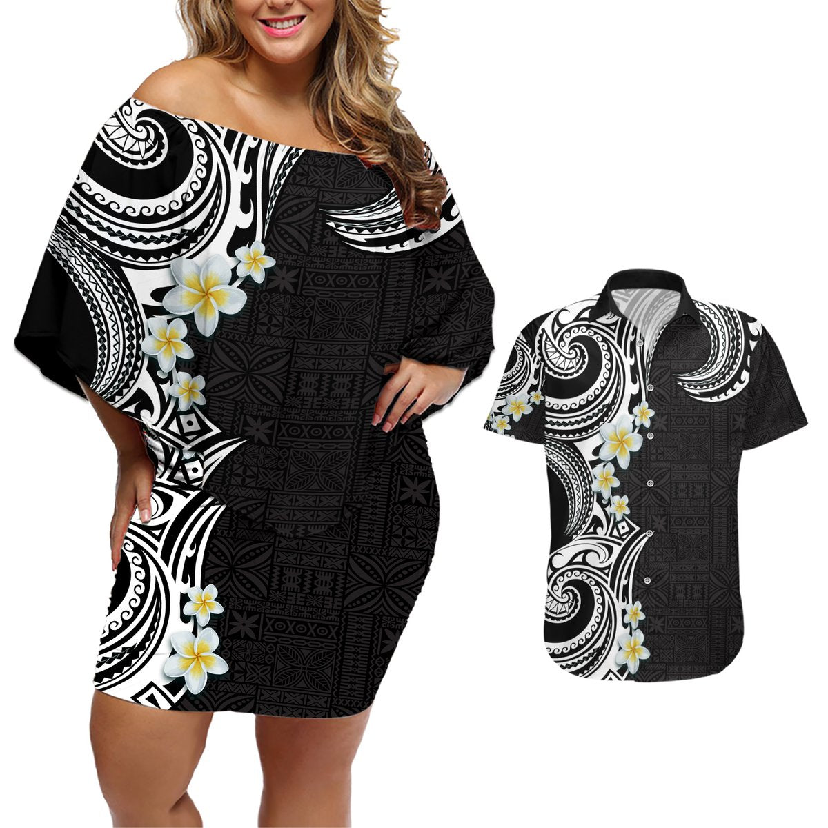Aloha Polynesian Plumeria Flower Couples Matching Off Shoulder Short Dress and Hawaiian Shirt Black White Color LT03 Black - Polynesian Pride