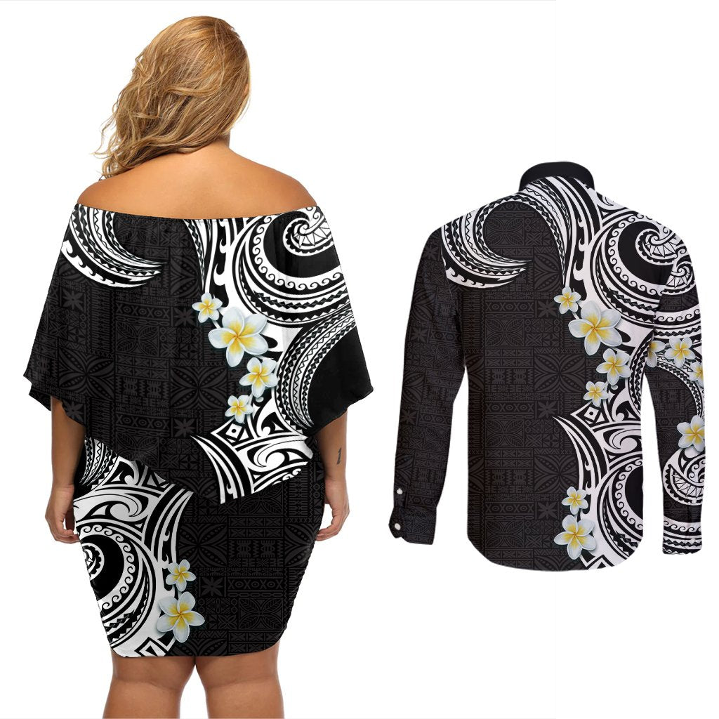Aloha Polynesian Plumeria Flower Couples Matching Off Shoulder Short Dress and Long Sleeve Button Shirt Black White Color LT03 - Polynesian Pride