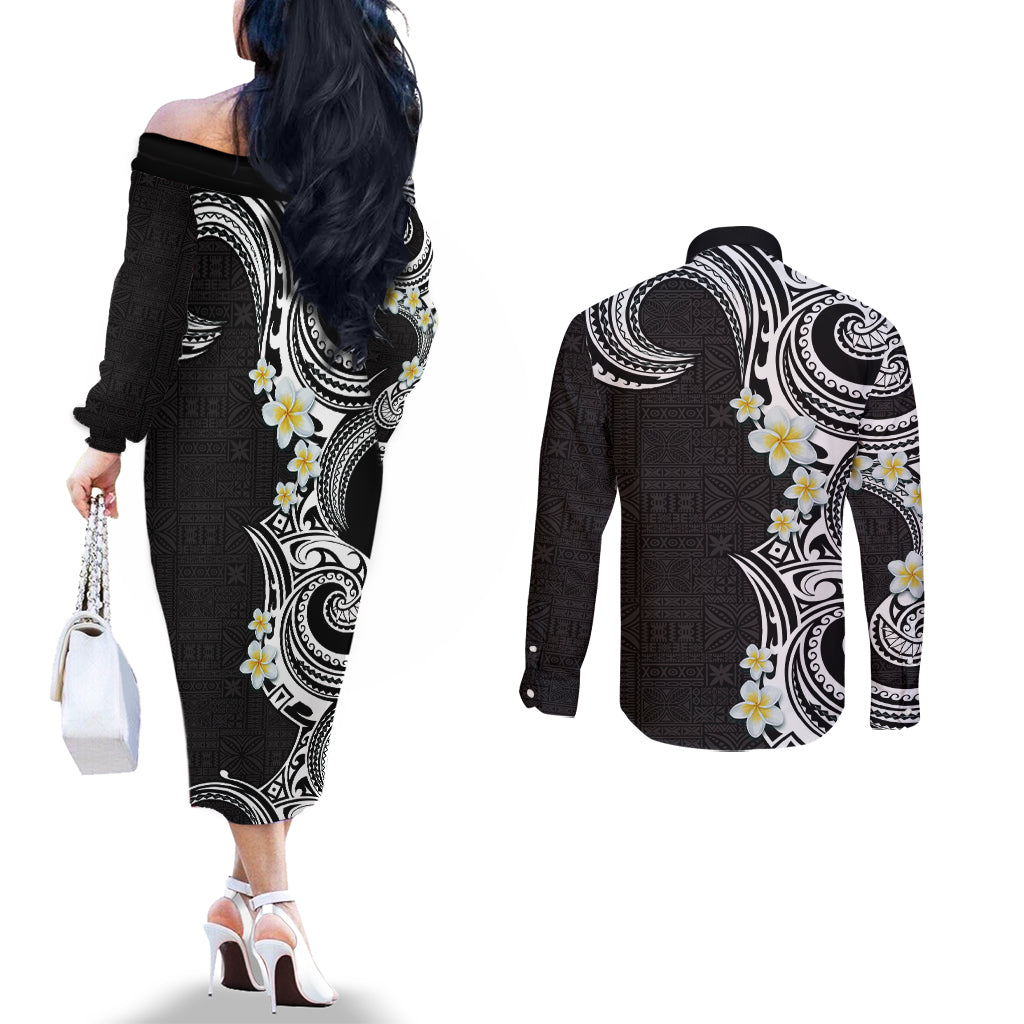 Aloha Polynesian Plumeria Flower Couples Matching Off The Shoulder Long Sleeve Dress and Long Sleeve Button Shirt Black White Color LT03 - Polynesian Pride