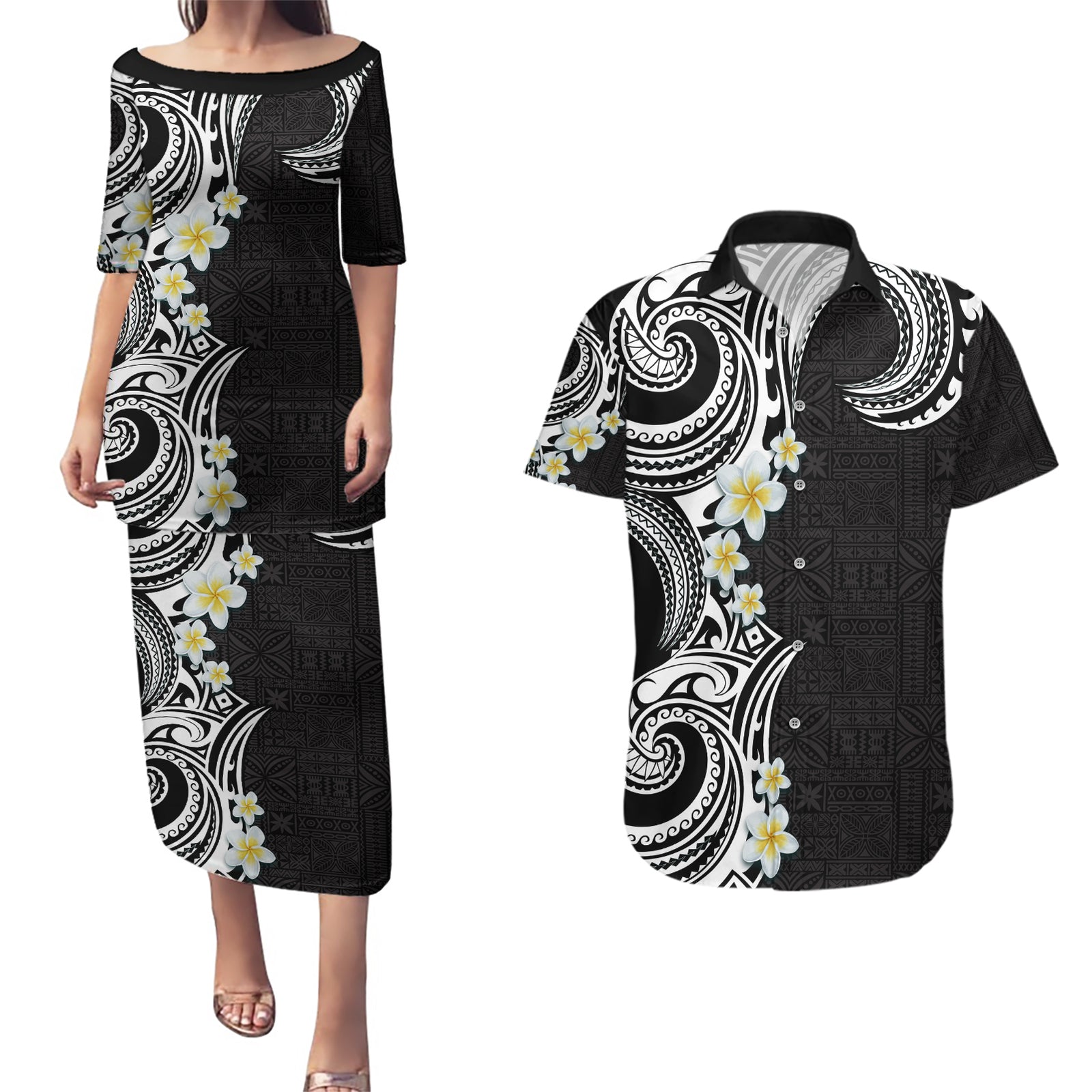 Aloha Polynesian Plumeria Flower Couples Matching Puletasi and Hawaiian Shirt Black White Color LT03 Black - Polynesian Pride