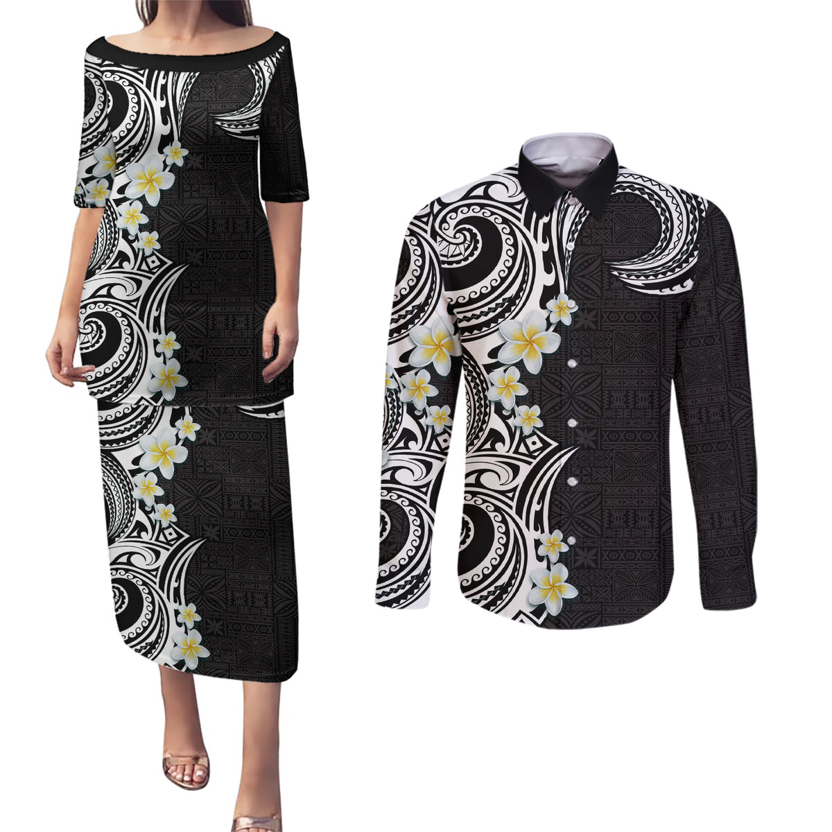 Aloha Polynesian Plumeria Flower Couples Matching Puletasi and Long Sleeve Button Shirt Black White Color LT03 Black - Polynesian Pride