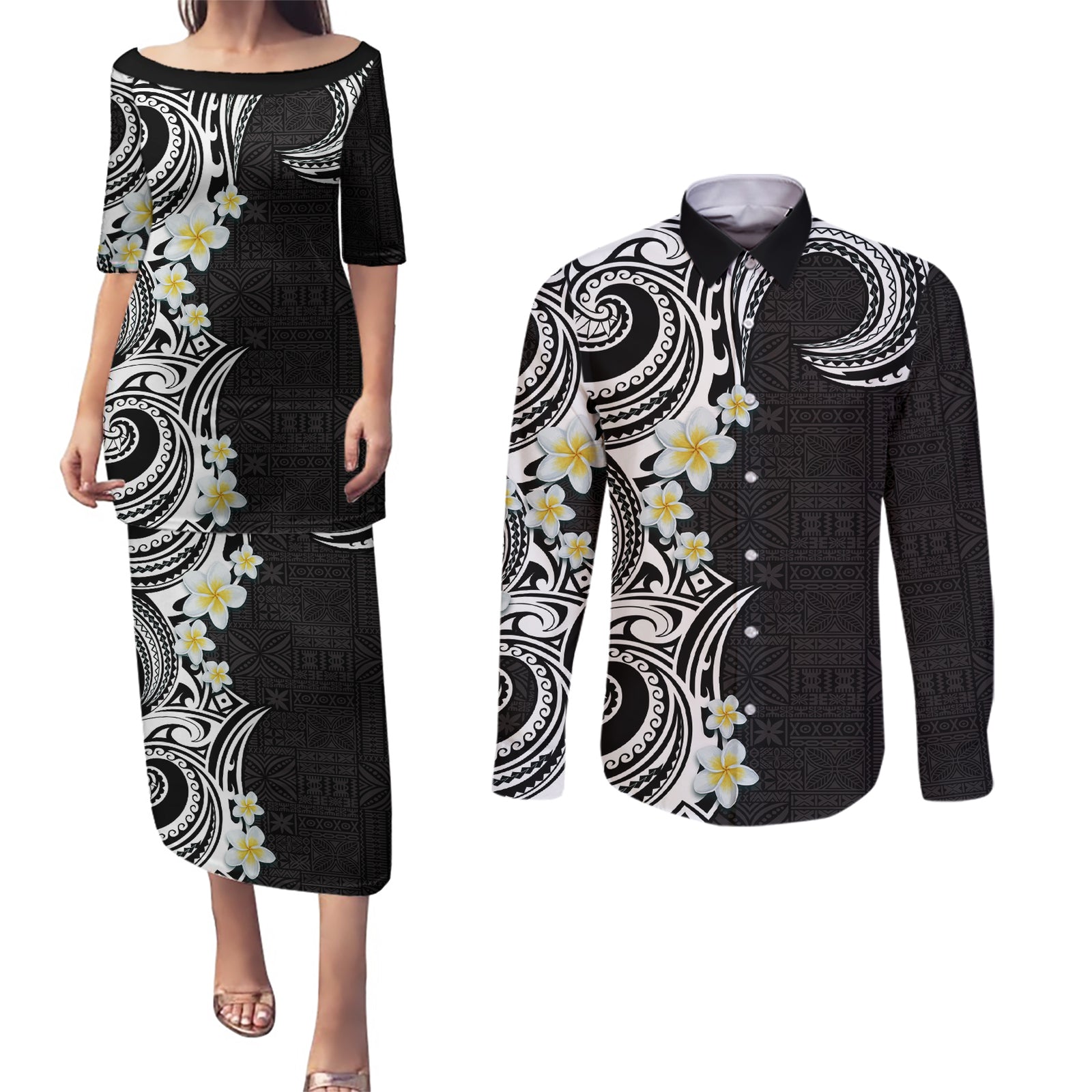 Aloha Polynesian Plumeria Flower Couples Matching Puletasi and Long Sleeve Button Shirt Black White Color LT03 Black - Polynesian Pride