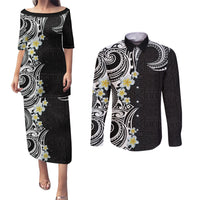 Aloha Polynesian Plumeria Flower Couples Matching Puletasi and Long Sleeve Button Shirt Black White Color LT03 Black - Polynesian Pride