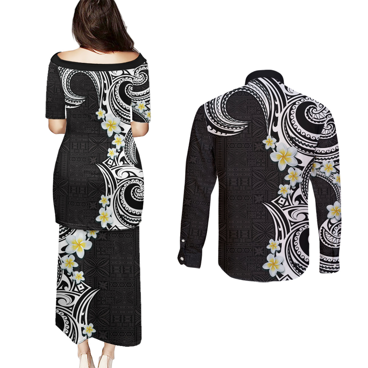 Aloha Polynesian Plumeria Flower Couples Matching Puletasi and Long Sleeve Button Shirt Black White Color LT03 - Polynesian Pride