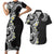 Aloha Polynesian Plumeria Flower Couples Matching Short Sleeve Bodycon Dress and Hawaiian Shirt Black White Color