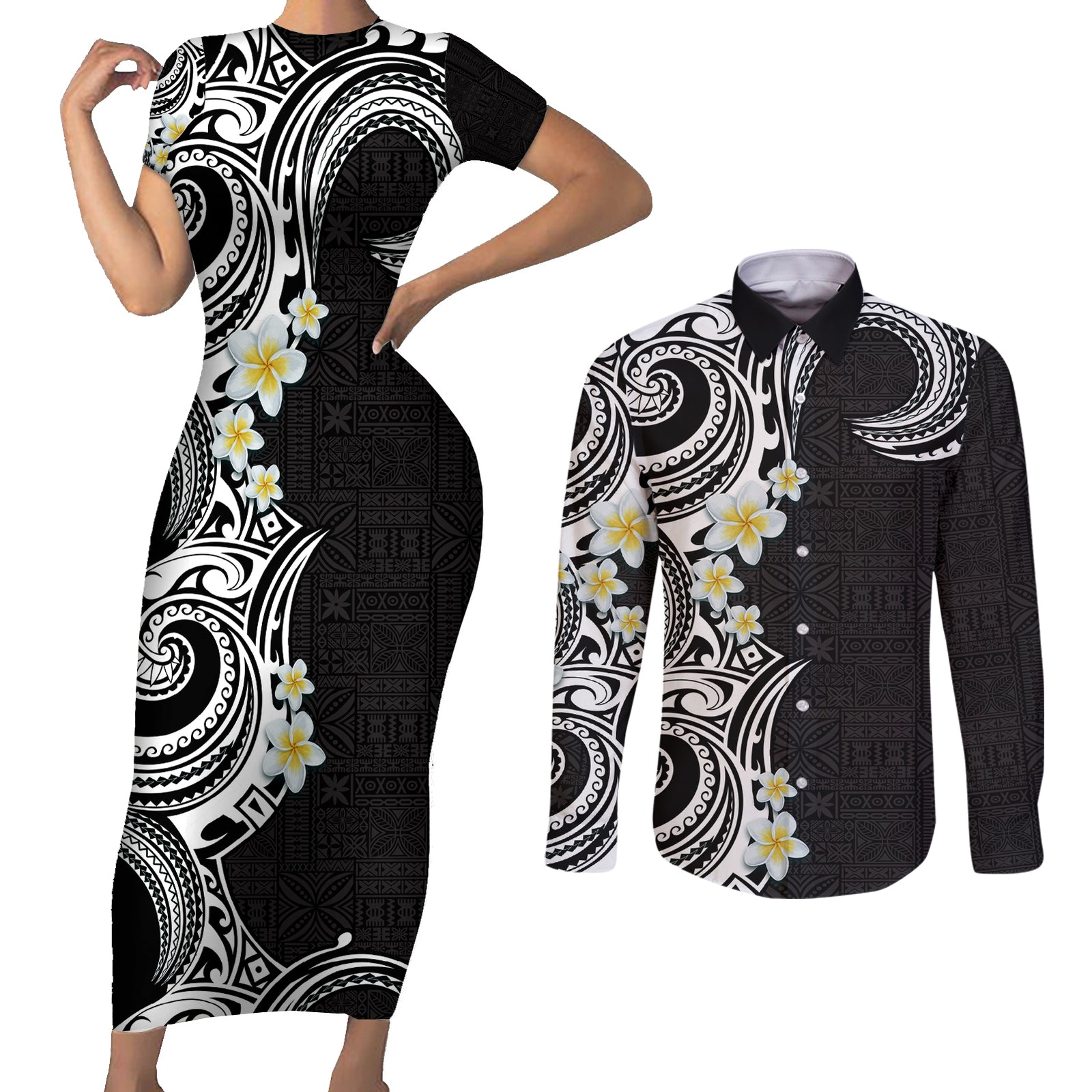 Aloha Polynesian Plumeria Flower Couples Matching Short Sleeve Bodycon Dress and Long Sleeve Button Shirt Black White Color LT03 Black - Polynesian Pride