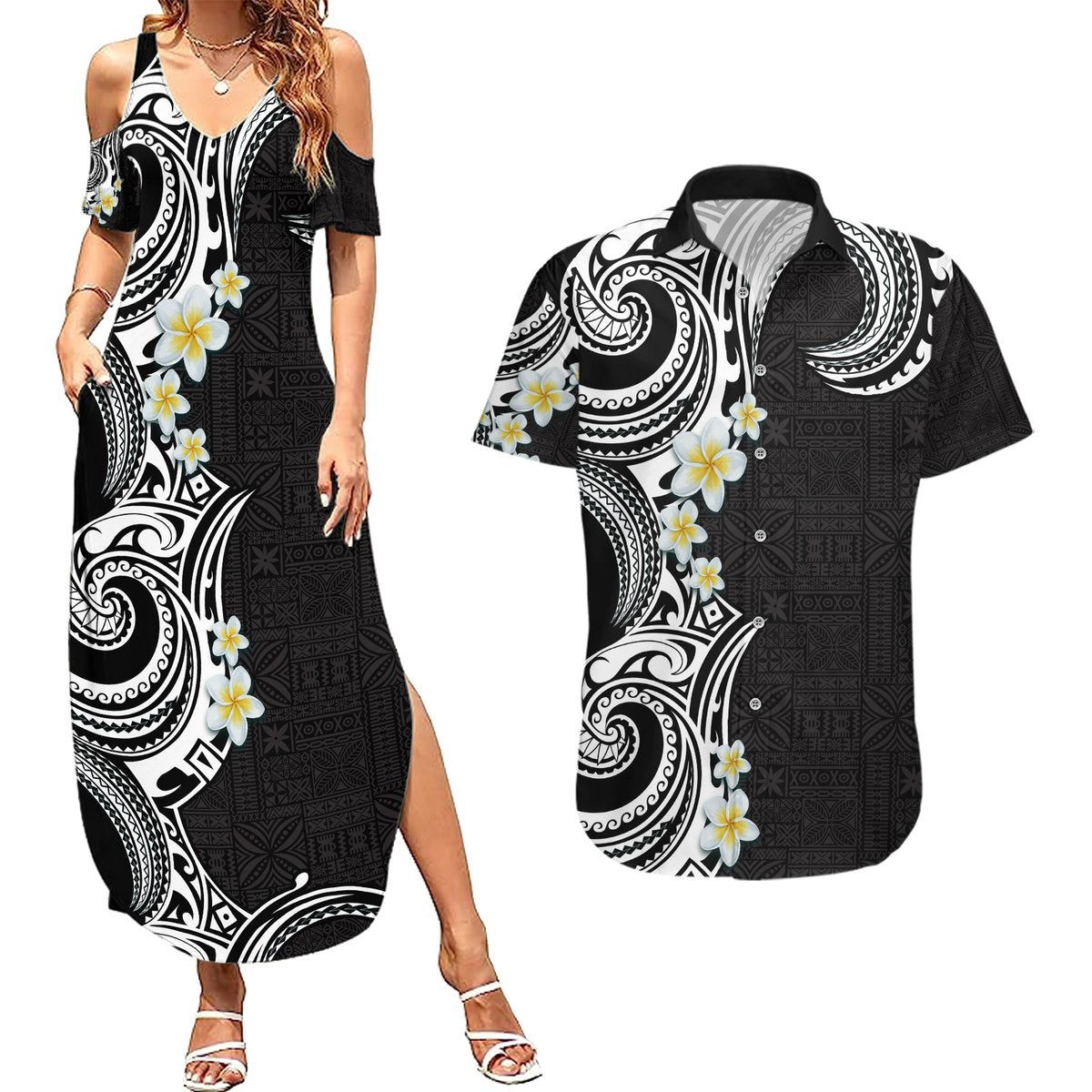 Aloha Polynesian Plumeria Flower Couples Matching Summer Maxi Dress and Hawaiian Shirt Black White Color LT03 Black - Polynesian Pride