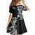 Aloha Polynesian Plumeria Flower Family Matching Off The Shoulder Long Sleeve Dress and Hawaiian Shirt Black White Color