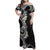 Aloha Polynesian Plumeria Flower Family Matching Off Shoulder Maxi Dress and Hawaiian Shirt Black White Color