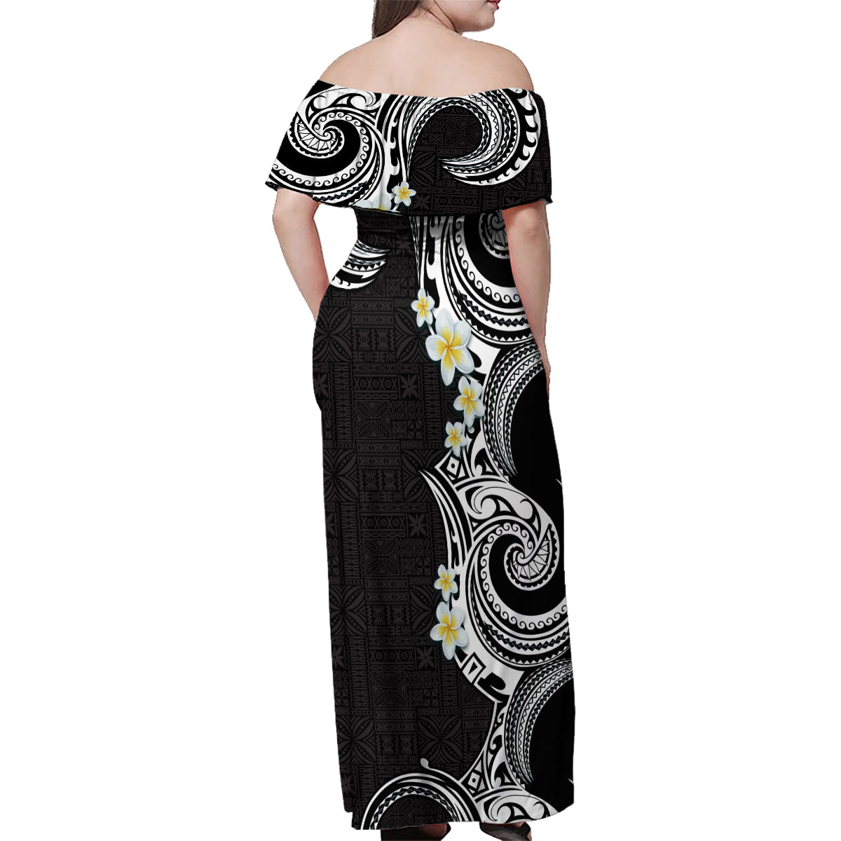 Aloha Polynesian Plumeria Flower Family Matching Off Shoulder Maxi Dress and Hawaiian Shirt Black White Color