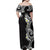 Aloha Polynesian Plumeria Flower Family Matching Off Shoulder Maxi Dress and Hawaiian Shirt Black White Color