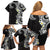 Aloha Polynesian Plumeria Flower Family Matching Off Shoulder Short Dress and Hawaiian Shirt Black White Color