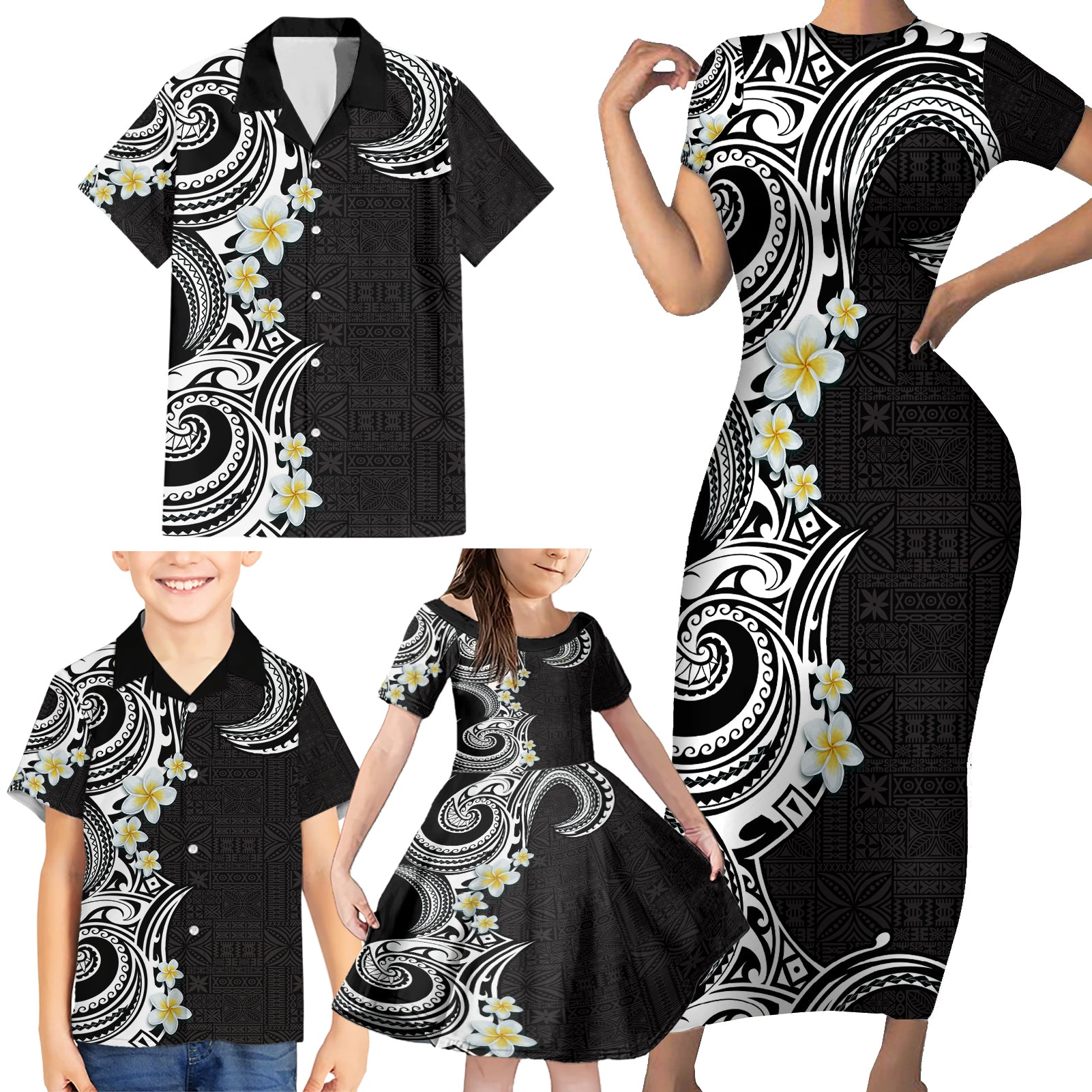 Aloha Polynesian Plumeria Flower Family Matching Short Sleeve Bodycon Dress and Hawaiian Shirt Black White Color