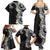 Aloha Polynesian Plumeria Flower Family Matching Summer Maxi Dress and Hawaiian Shirt Black White Color