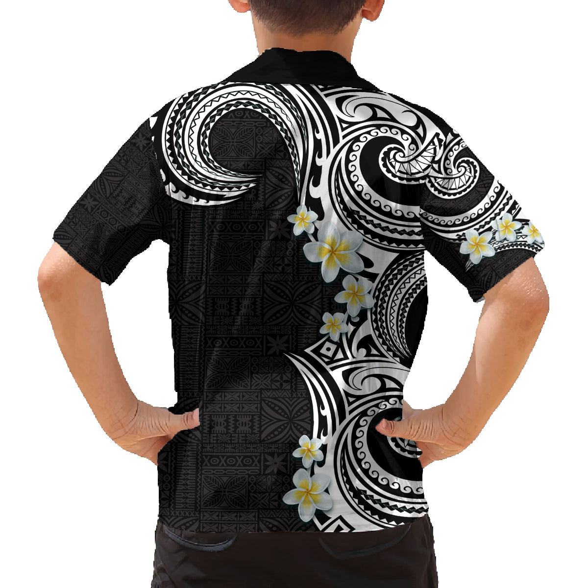 Aloha Polynesian Plumeria Flower Family Matching Tank Maxi Dress and Hawaiian Shirt Black White Color