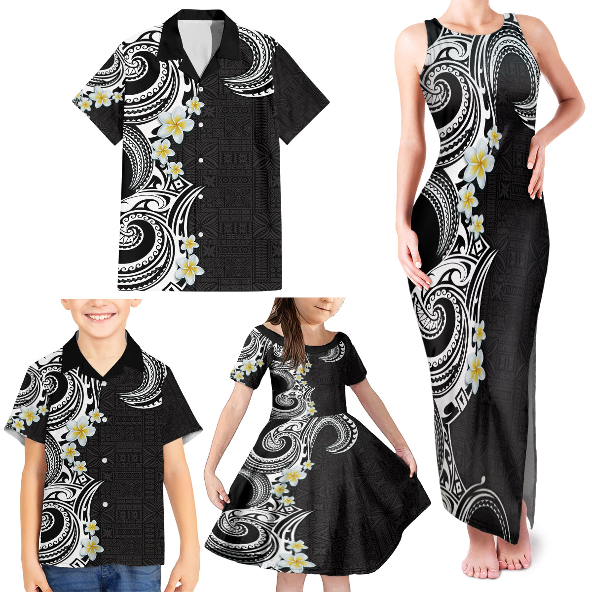 Aloha Polynesian Plumeria Flower Family Matching Tank Maxi Dress and Hawaiian Shirt Black White Color LT03 - Polynesian Pride