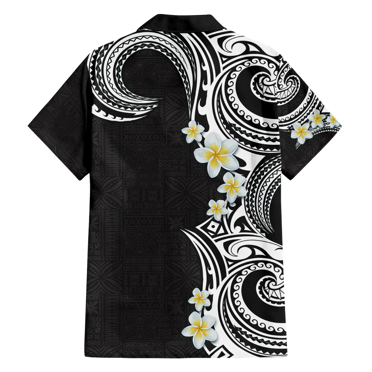 Aloha Polynesian Plumeria Flower Family Matching Tank Maxi Dress and Hawaiian Shirt Black White Color