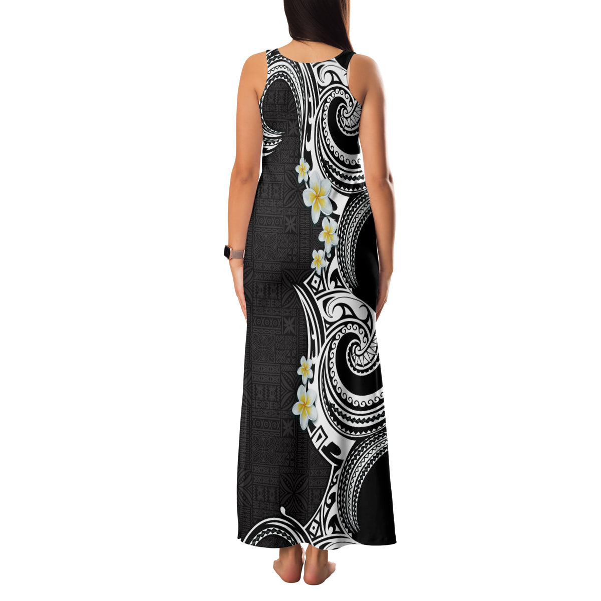 Aloha Polynesian Plumeria Flower Family Matching Tank Maxi Dress and Hawaiian Shirt Black White Color