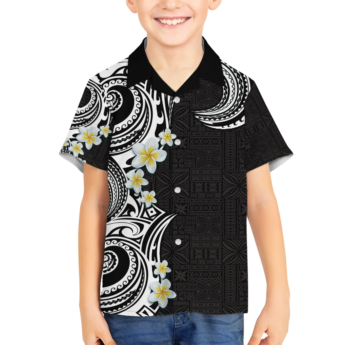 Aloha Polynesian Plumeria Flower Family Matching Tank Maxi Dress and Hawaiian Shirt Black White Color