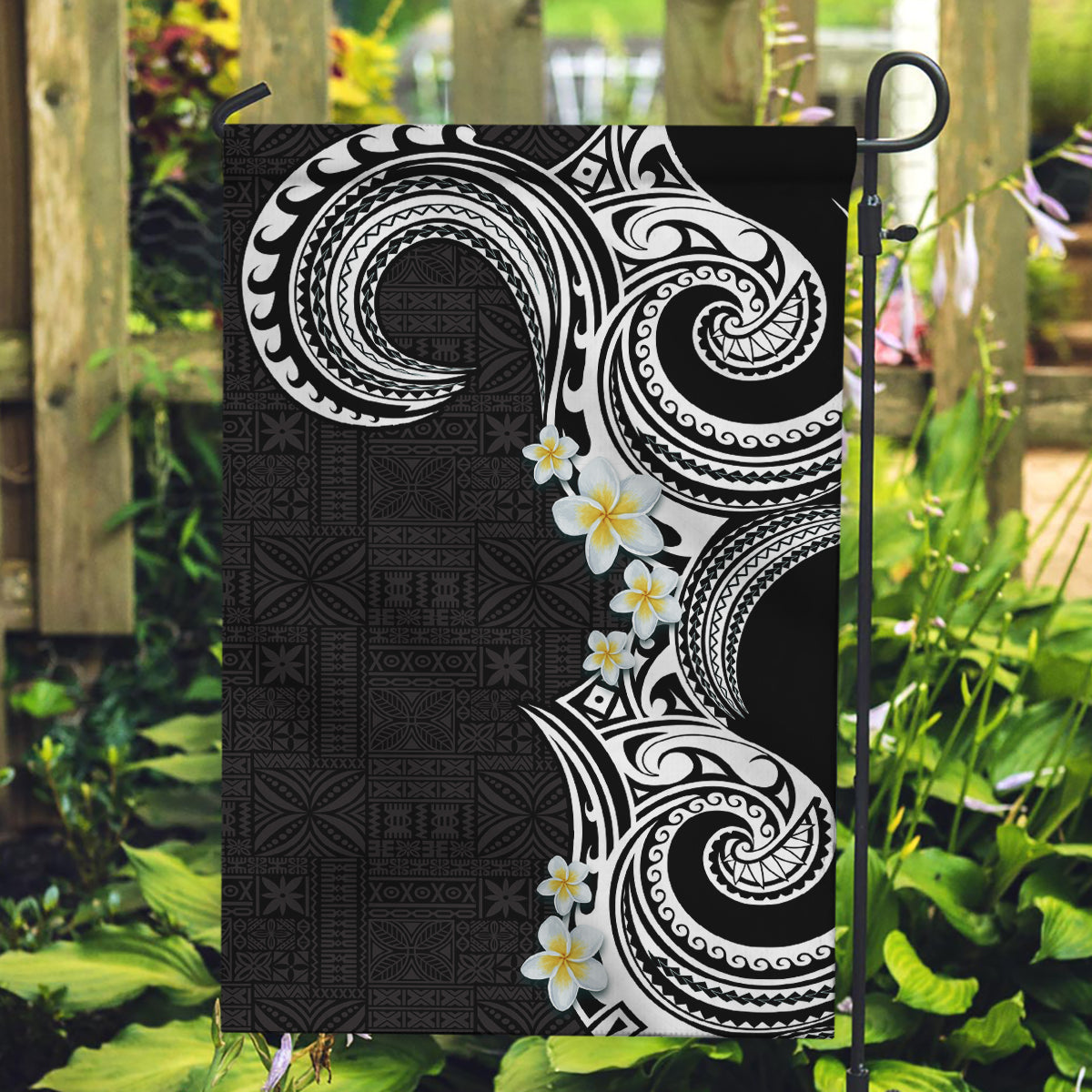 Aloha Polynesian Plumeria Flower Garden Flag Black White Color LT03 Garden Flag Black - Polynesian Pride