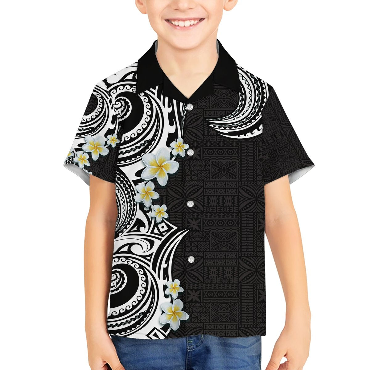 Aloha Polynesian Plumeria Flower Hawaiian Shirt Black White Color LT03 - Polynesian Pride