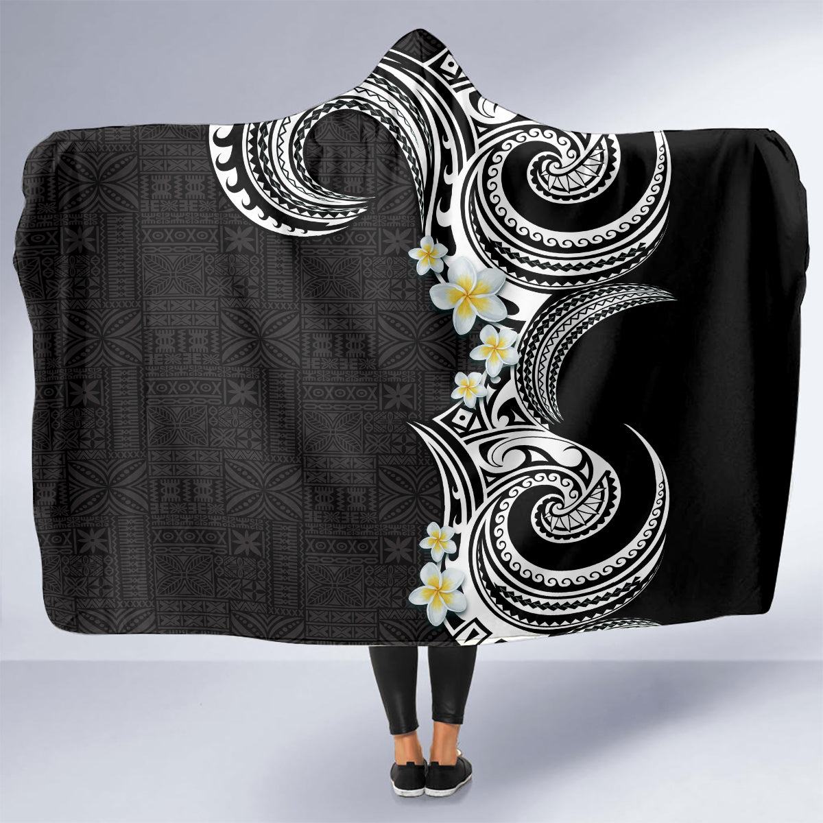 Aloha Polynesian Plumeria Flower Hooded Blanket Black White Color LT03 - Polynesian Pride