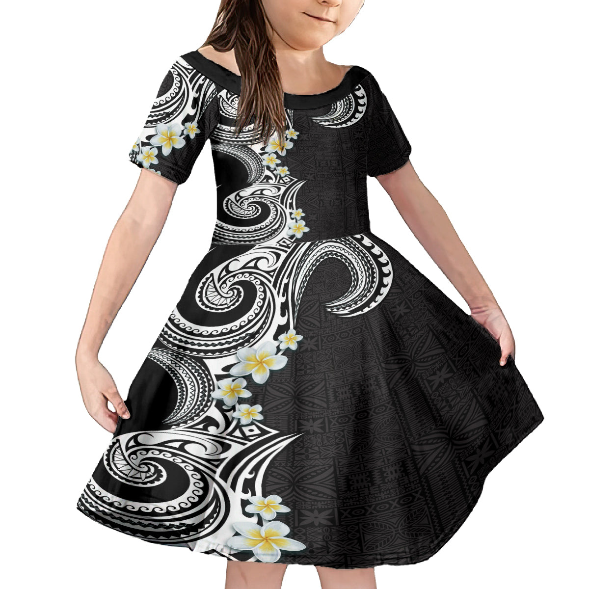 Aloha Polynesian Plumeria Flower Kid Short Sleeve Dress Black White Color LT03 KID Black - Polynesian Pride