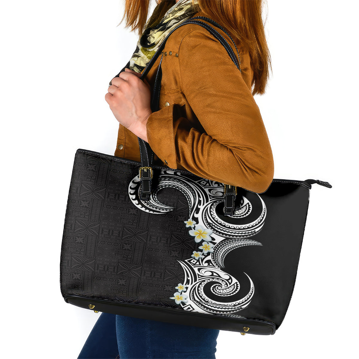 Aloha Polynesian Plumeria Flower Leather Tote Bag Black White Color LT03 Black - Polynesian Pride