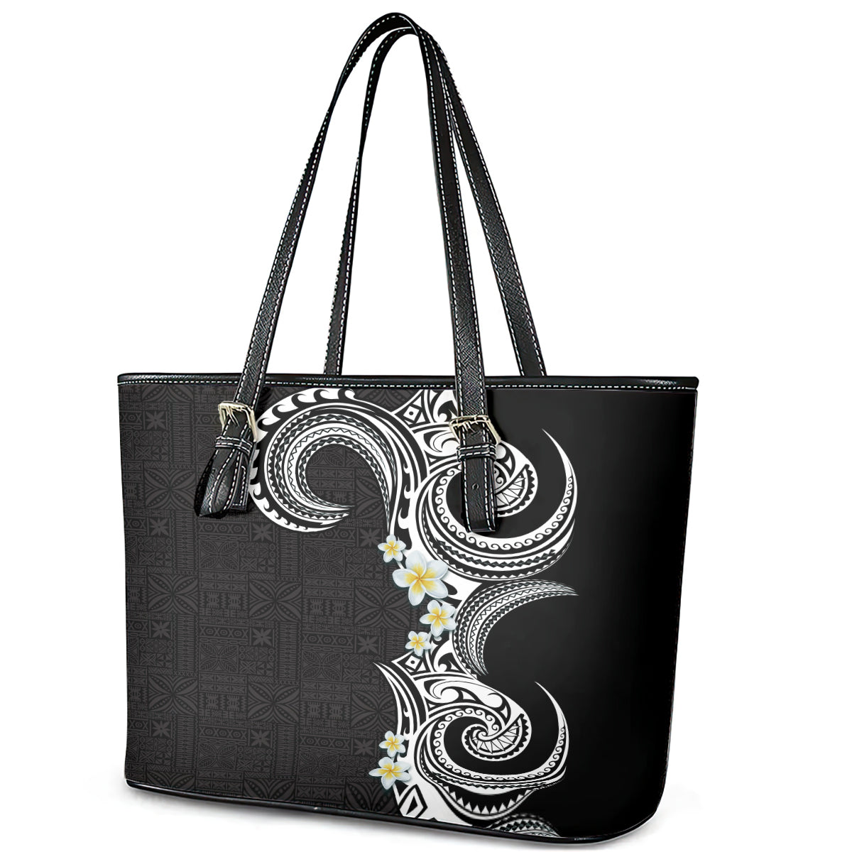 Aloha Polynesian Plumeria Flower Leather Tote Bag Black White Color LT03 - Polynesian Pride