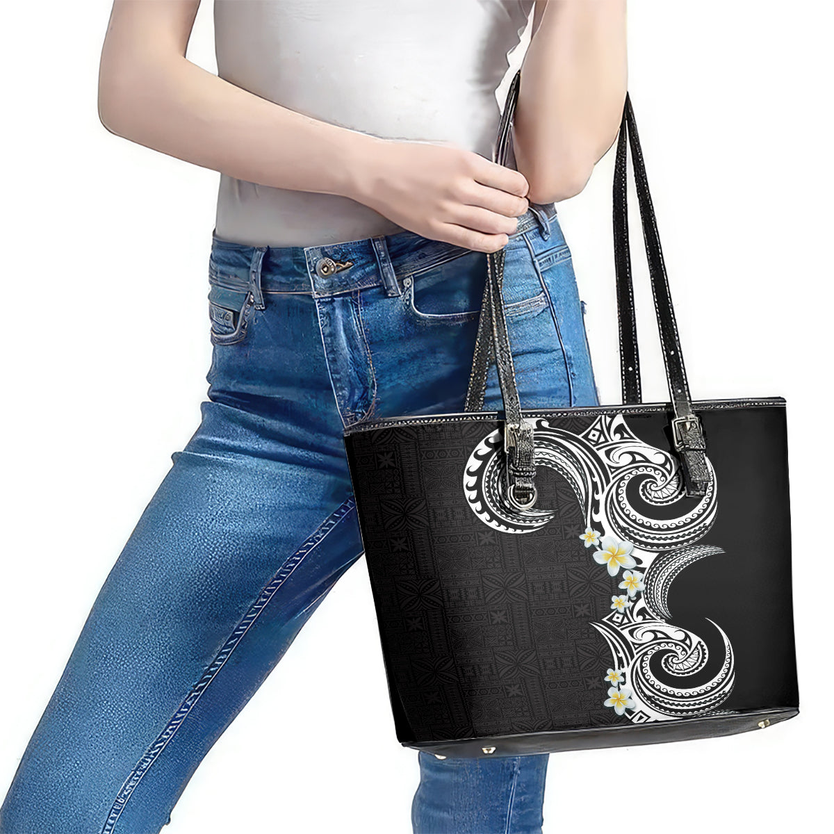 Aloha Polynesian Plumeria Flower Leather Tote Bag Black White Color LT03 - Polynesian Pride